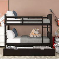 Full over Full Bunk Bed with Twin Size Trundle and Ladder, Solid Wood Bunk Bed Frame with Guardrails for Kids Teens Adults, No Box Spring Needed, Espresso 79.6''L x 56.5''W x 62.9''H
