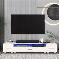 TV Stand, 82.6" Modern Minimalist Style TV Stand with 16 Color LEDs, Floating TV Cabinet Entertainment Center for 90” TV, Wood TV Console with Storage, Drawers & Open Shelves (White)