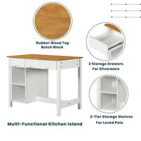 Stationary Rubber Wood Kitchen Island Set with 2 Dining Stools, Modern Farmhouse 3 Pieces Dining Table Set with 2 Shelves and 3 Drawers, for Small Places, Home, 45", White