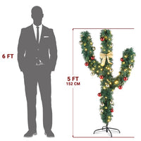 5ft Pre-Lit Artificial Cactus Christmas Tree, Artificial Xmas Tree with 110 Lights Warm Colors 8 Modes and Ball Ornaments & Bowknot, Sturdy Metal Stand, Perfect for Indoor, Office, Home, Partye