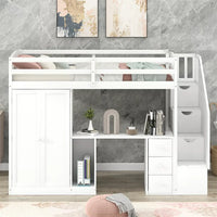 Twin Size Loft Bed with Wardrobe and Staircase, Wood Loft Bed Frame with Desk and Storage Drawers and Cabinet in 1 for Kids Teens Boys Girls Adults, Space Saving Furniture for Bedroom, White