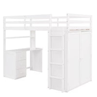 Twin Size Loft Bed with Desk and Wardrobe, Wood Loft Bed Frame with Storage Drawers and Full-Length Guardrails, High Loft Bed for Kids Teens Boys and Girls (White)