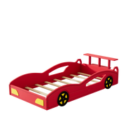 Twin Size Wooden Race Car Bed,Modern Car-Shaped Platform Twin Bed with Wheels, Storage Headboard, Sport Car Shaped Bed Frame For Teens, Red & Yellow