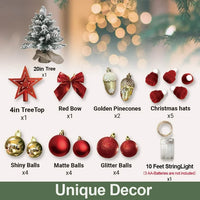 Pre-Lit Mini Christmas Tree 24'' Tabletop Christmas Tree with LED Lights and Hanging Ornaments Small Flocked Snow Xmas Tree for Table Top Home Office Holiday Decoration, Red