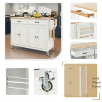 Kitchen Island Cart Kitchen Island on Wheels with Spice Rack, Towel Rack and 2 Drawers, Rolling Mobile Kitchen Island with 4 Door Storage Cabinets and Solid Wood Top, White