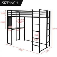 Twin Size Loft Bed with Desk and Shelves for Kids, Metal Bed Frame with 2 Built-in Ladders Hold Up to 200lbs for Bedroom