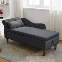 Velvet Upholstered Chaise Lounge, Indoor Lounge Chair with Storage & Pillow, Modern Rolled Arm Chase Lounge with Nailhead Trim, for Living Room, Bedroom, Office, Black