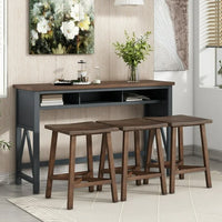 4-Piece Bar Table Set with 3 Stools, Farmhouse Wood Counter Height Dining Table Set with 60" Console Kitchen Table and Chairs, Home Bar Pub Breakfast Set, for Small Places, Dining Room, Walnut