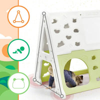 7 in 1 Toddler Climber and Slide Set Indoor Outdoor Backyard Kids Playground Climber Slide Playset with Tunnel, Climber, Whiteboard, Building Block Baseplates and Basketball Hoop for Babies, Green