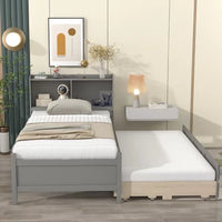 Twin Bed with Trundle and 3 Drawers, Twin Bed Frame with Bookcase Headboard, Wood Platform Bed, Multifunctional Wood Storage Daybed Sofa Bed, No Box Spring Needed, Gray