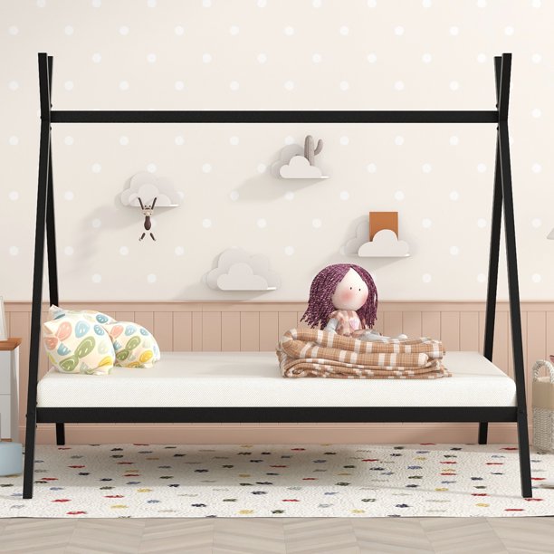 House Bed Tent Bed for Kids, Full Size Metal Teepee Bed with Strong Tenon Structure and 20 Slats Support Montessori Bed Frame for Bedroom, Can Be Decorated, No Box Spring Needed, Black