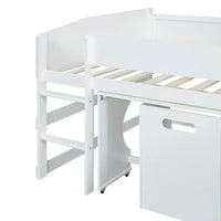 Full Size Loft Bed with Slide for Kids,Solid Wood Loft Bed Frame with Rolling Portable Desk and Chair,Multifunctional Low Loft Bed for Boys and Girls,White
