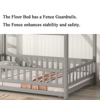 Full Size Floor Bed with Fence Guardrails for Kids, Montessori Bed Playhouse Bed with Roof, Full Platform Bed Frame for Boys and Girls, No Slats Included (Gray, Full Size)