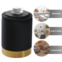 Round Storage Ottoman with Metal Base, Modern Barrel Storage Chair, Multipurpose Footrest Stool with Storage, Velvet Upholstered Vanity Stool Chair for Living Room & Bedroom, Dark Gray