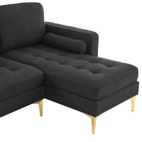 85" Burlap Fabric Sectional Sofa Couch with Reversible Chaise, L-Shape Couch with Bolster Pillows and Metal Legs, 3 Seats Futon Couch Sofa for Living Room Apartment Small Space, Black
