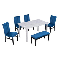 6-Piece Dining Table Set for 6 People, Wooden Kitchen Table Set with Marble Veneer Table and 4 Flannelette Upholstered Dining Chairs & Bench, Rustic Style Family Furniture, for Kitchen, Blue