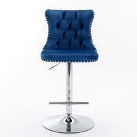Swivel Bar Stools Set of 2 with Adjustable Seat Height, Contemporary Velvet Counter Stool with Metal Legs and Chrome Nailhead Trim Backrest, Dining Chair for Home and Pub, Blue & Sliver