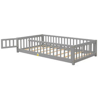 Twin Size Floor Bed for Toddlers and Kids, Solid Wood Montessori Floor Bed with Safety Fence Rail and Small Door, Durable Montessori Bed Frame with Sturdy Slats Support for Boys and Girls, Gray