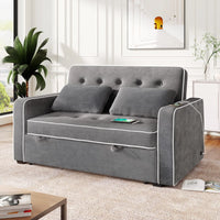 65.7" Pull Out Sleep Sofa Bed with Adjsutable Backrest, Linen Upholstered Sleeper Bed with Two Pillows and USB Charging Port, Convertible Loveseat Futon Couch for Living Room Apartment, Dark Gray