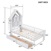 Twin Bed Frame with Fence Railings and House-Shaped Storage Headboard, Wood House Shape Twin Size Platform with 2 Drawers for Kids Boys Girls, Safety Guardrails Design, White