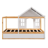 Twin Size House Shaped Canopy Bed, Fun House Bed with Black Roof, White Window, Blackboard, Little Shelf, Multi-functional Bed Frame for Children, White