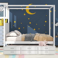 Queen Size Platform Bed, Wood Canopy Platform Bed with Trundle and Storage Drawers, Wood 4-Poster Bed with Headboard for Adults Kids Teens, Space Saving Bed Frame, Bed Frame Bedroom Furniture, White