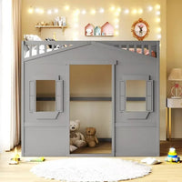 Full Size Loft Bed with Windows and Door, Solid Wood Loft Bed Frame with Ladder and Safety Guardrails House Loft Bed for Kids Boys Girls, No Box Spring Needed, Gray