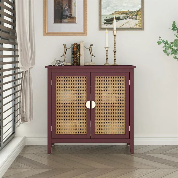 Rattan Cabinet,2-Tier Buffet Sideboard,Accent Storage Cabinet with 2 Rattan Doors,Farmhouse Sideboard with Adjustable Shelves,Natural Wood Side Cabinet Entryway Table for Living Room Bedroom,Red
