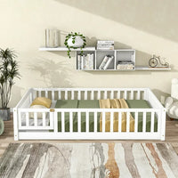 Full Size Floor Bed for Toddlers and Kids, Solid Wood Montessori Floor Bed with Safety Fence Rail and Small Door, Durable Montessori Bed Frame with Sturdy Slats Support for Boys and Girls, White
