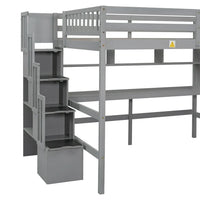 Full Size Loft Bed with Built-in Desk and Bookshelves, Wooden Bed Frame with Storage Staircase and Full-length Guardrail for Kids Teens Adults Bedroom, No Box Spring Needed, Gray
