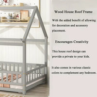 Full Size Floor Bed with Fence Guardrails for Kids, Montessori Bed Playhouse Bed with Roof, Full Platform Bed Frame for Boys and Girls, No Slats Included (Gray, Full Size)