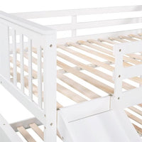 Bunk Bed with Slide, Full over Full Wood Floor Bed Frame with Ladder and Guardrail, Low Bunk Beds for Kids Teens, No Box Spring Required, White