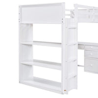Twin Size Loft Bed with Built-in Studying Desk for Kids, Solid Wood Bed Frame with 3-Tier Shelves and Storage Drawers, Versatile Bed with Ladder and Guardrails for Boys and Girls, White