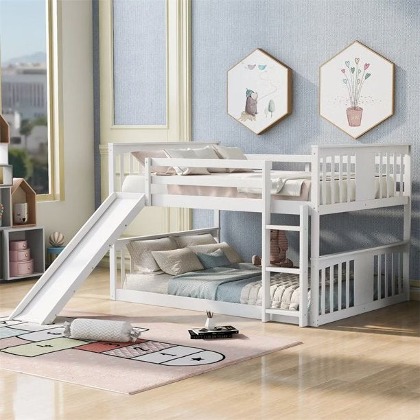 Bunk Bed with Slide, Full over Full Wood Floor Bed Frame with Ladder and Guardrail, Low Bunk Beds for Kids Teens, No Box Spring Required, White