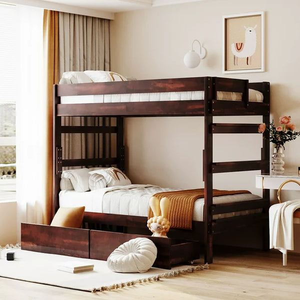 Twin Over Twin Bunk Bed Frame with Two Storage Under-Bed Drawers, Wood Bunk Beds Can Be Separated into Two Twin-size Beds for Girls Boys Teens,