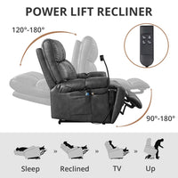 180° Lay Flat Power Recliner Chair for Elderly,Electric Power Lift Recliner Chair with Massage and Heat Up to 300LBS,Breathable Leather Recliner Chair with 3 Positions,Gray