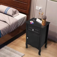 Country Style Side Table, Nightstand with 1 Drawer 1 Door, Bedside Tables with Wood Frame, Mid-Century Modern Nightstand with Storage, Bed Side Table & Night Stand End Table, for Bedroom, etc, Black