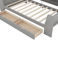 Twin Size Daybed with 2 Storage Drawers and Shelves, Wood Platform Bed Frame with Built-In Charging Station, Upholstered Sofa Bed for Boys Girls Teens Adults, No Box Spring Needed, Gray