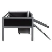 Low Loft Bed with Slide and Two Storage Boxes, Chalkboard, Wood Twin Size Loft Bed with Climbing Frame and Rope (Gray, Loft Bed)