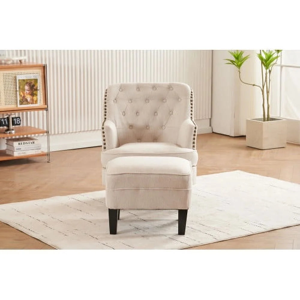 Accent Chair with Ottoman,Upholstered Sofa Chair and Foot Stool Set,Linen Reading Chair with Nail Head Trim,Tufted Arm Chair with Solid Wood Legs,for Living room Bedroom Office,Beige