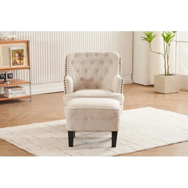 Accent Chair with Ottoman,Upholstered Sofa Chair and Foot Stool Set,Linen Reading Chair with Nail Head Trim,Tufted Arm Chair with Solid Wood Legs,for Living room Bedroom Office,Beige