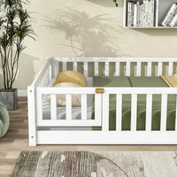 Full Size Floor Bed for Toddlers and Kids, Solid Wood Montessori Floor Bed with Safety Fence Rail and Small Door, Durable Montessori Bed Frame with Sturdy Slats Support for Boys and Girls, White
