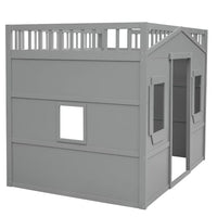 Full Size Loft Bed with Windows and Door, Solid Wood Loft Bed Frame with Ladder and Safety Guardrails House Loft Bed for Kids Boys Girls, No Box Spring Needed, Gray