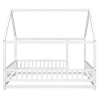 Full Size House Bed for Children,Solid Wood Floor Bed Frame with Fence Guardrails and Roof Montessori Bed,Playhouse Bed for Children Girls and Boys,White(No Bed Slats)