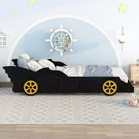 Twin Size Race Car-Shaped Platform Bed with Wheels, Wood Platform Bed with Wood Slats Support, Floor Bed for Kids Boys Girls, No Box Spring Required, Black+Yellow