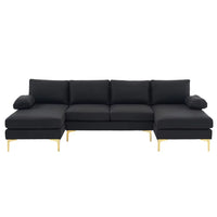 U-Shaped Sectional Sofa with Double Chaise, 110" Linen Fabric Couch Sofa with Metal Legs and Removable Cushions, Armrests, 4-Seat Sectional Couch for Living Room, Apartment, Office, Black
