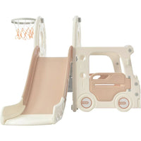 4 In 1 Kids Slide Set, Bus Slide Set with Bus Play Structure for Kids Teens Boys Girls, Freestanding Bus Toy with Slide and Basketball Hoop, Indoor & Outdoor Toys Slide Playset, Easy Setup, Beige