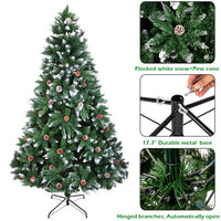 6FT Pre-Decorated Artificial Flocked Christmas Tree, Snowy Pine Cone Holiday Decoration w/ 920 Tips Branch & 52 Pine Cone,Sturdy Metal Stand