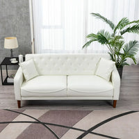 Mid Century Couches, 3-Seat PU Leather Love Seat Sofa with 2 Throw Pillows, Armrest and Wooden Legs, Button Tufted Upholstered Loveseats for Living Room, Bedroom, Office, Apartment (Ivory)