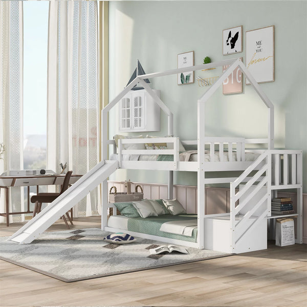 House Bunk Bed with Slide, Twin over Twin Low Bunk Bed Frame with Convertible Storage Staircase and Full-Length Guardrail Wood Stairway Bunk Bed for Kids No Box Spring Needed, Easy Assembly, White